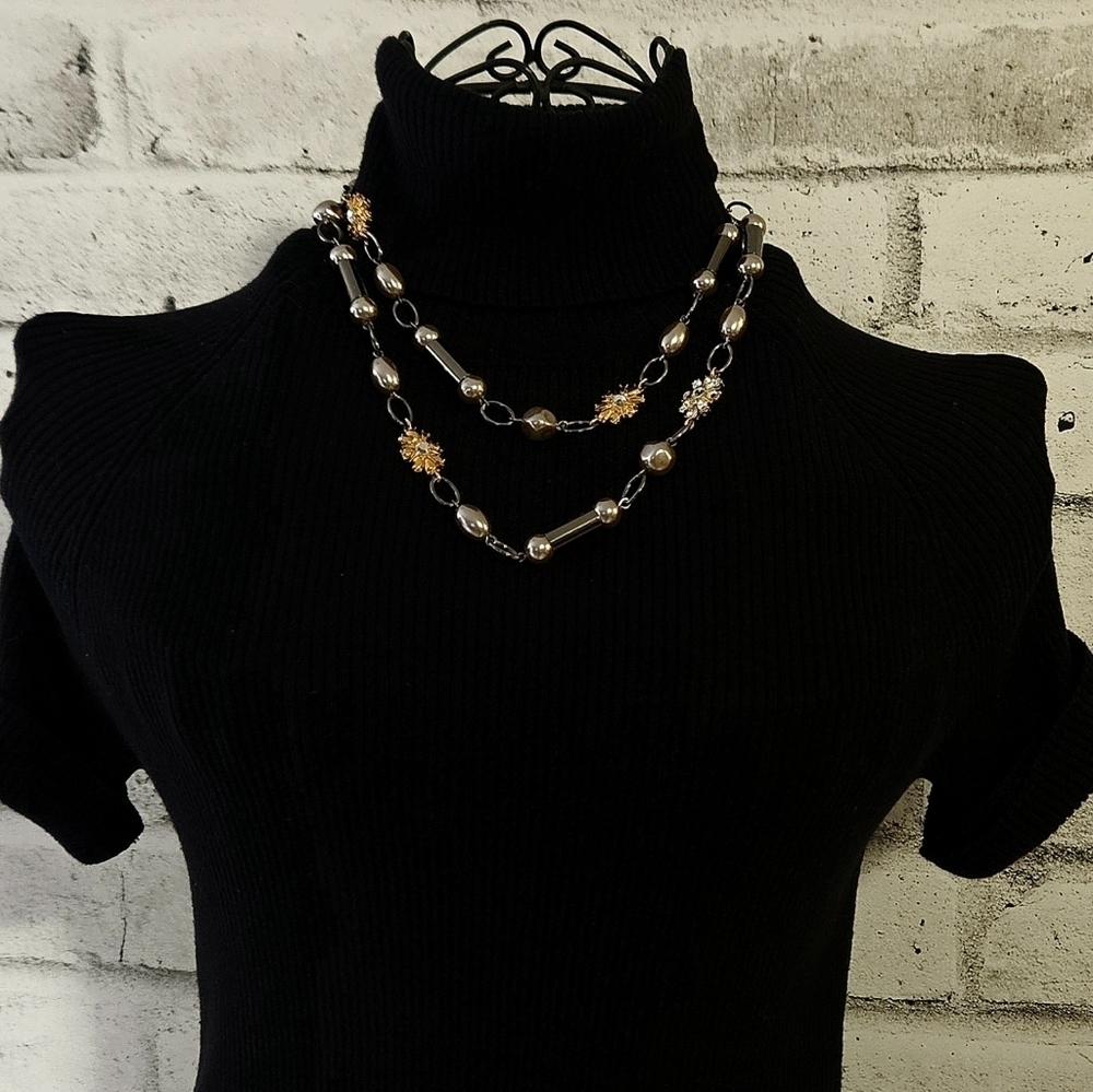 Lia Sophia Layered Pearl Necklace Gold Silver Tone Floral Statement